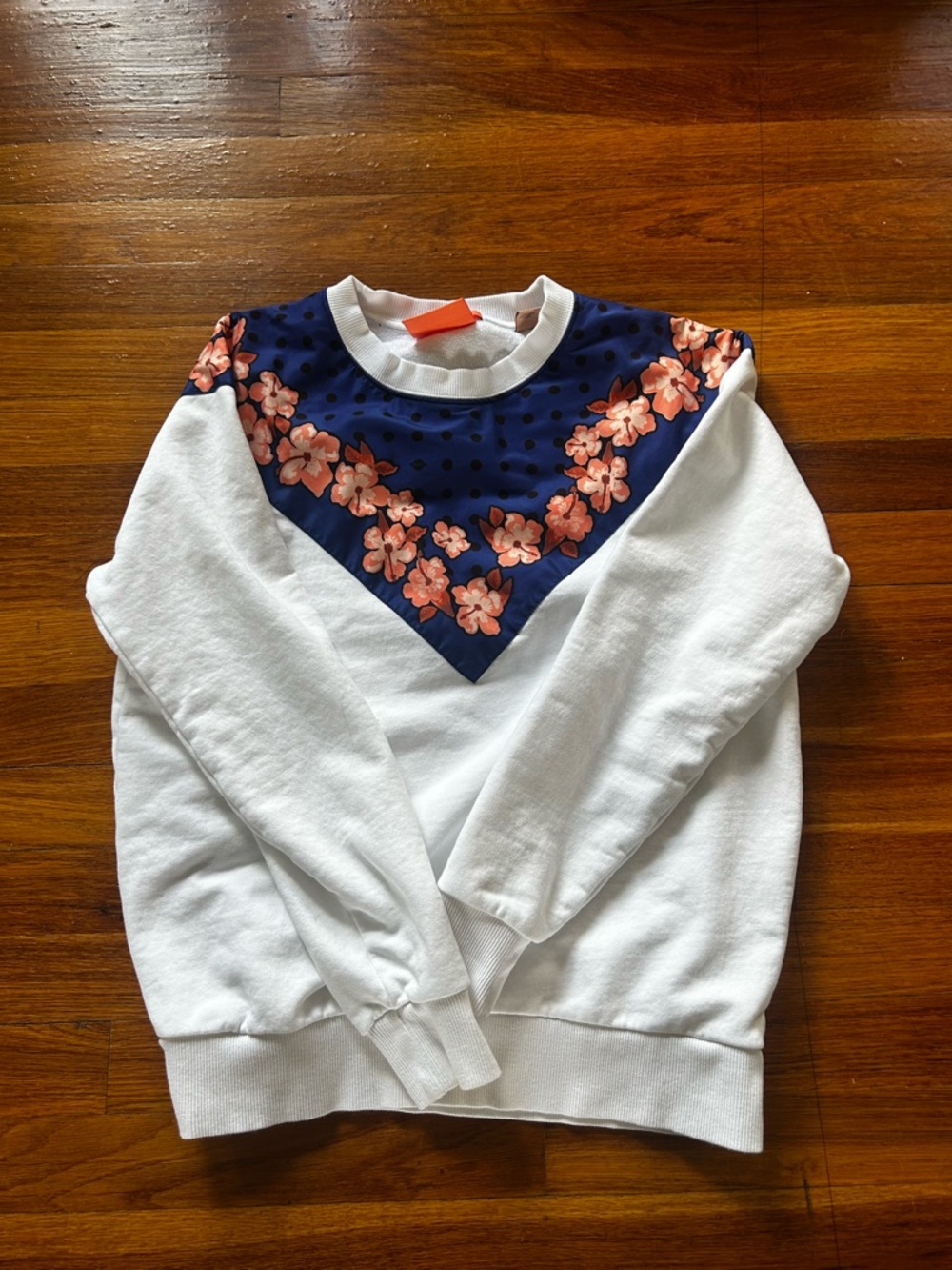Scotch & Soda White Crewneck with Blue Polka Dot Yoke and Orange Tag
